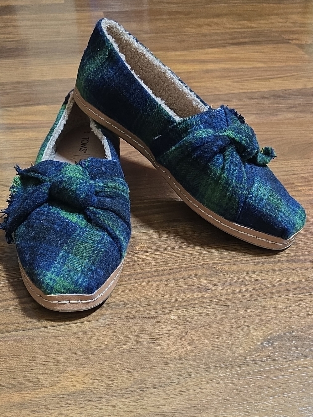 TOMS Alpargata Leather Wrap Slip-On Shoes in Galapagos Green Plaid
